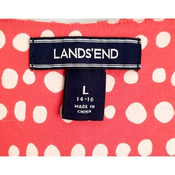 Lands' End Sleeveless V-Neck Dress Orange Red Polka Dot Stretch - 14/16 (L) - Picture 3 of 8